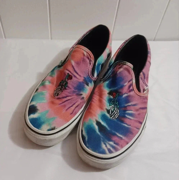 Vans Shoes - VANS Classic Slip-On Tie Dye Skeleton Hand Rose Embroidered Women Size 9.5
